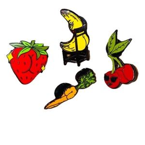 Cheeky Strawberry, Banana, Carrot, and Cherries Pin Set of 4
